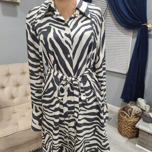H&M Zebra Print Belted Long Sleeve Shirt Dress Sz Medium